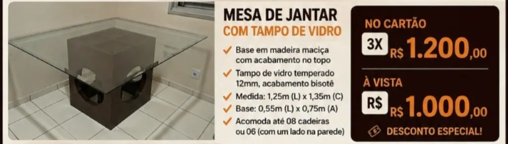 Mesa de Jantar com tampo de vidro e base em madeira maciça - Foto 2