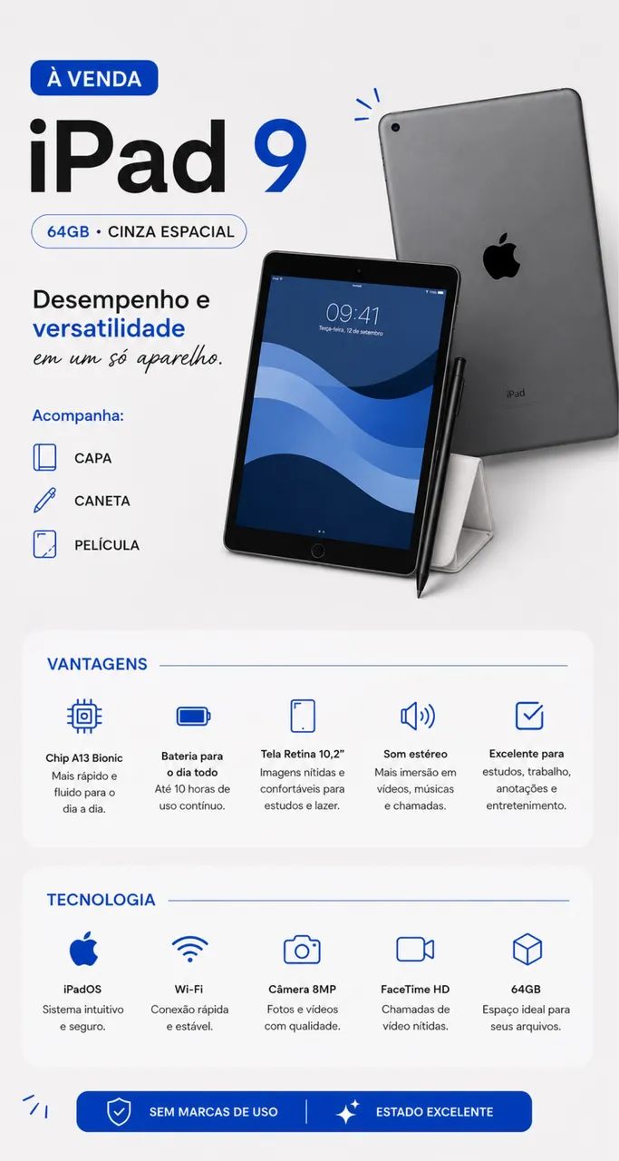 iPad 9° Geração 64gb + capa + caneta