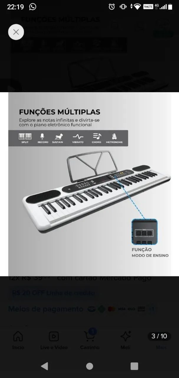 Teclado Az Keys 61 teclas, possuí sensibilidade nas teclas entrada