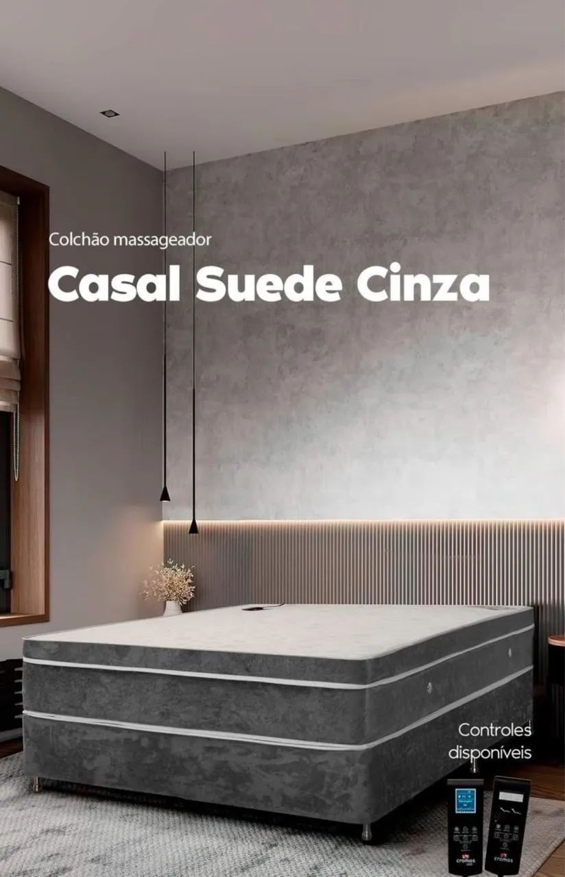 Cama Casal Massageadora Magnética | Colchão Cromos Premium Suede Plus Cinza + Base