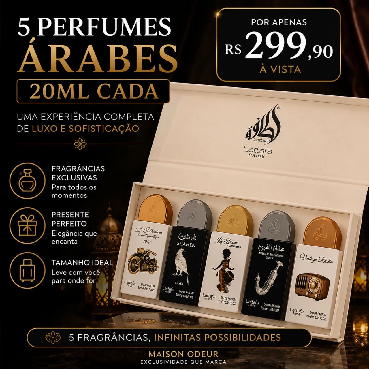 Kit Exclusivo: Conjunto de 5 miniaturas de perfumes Lattafa Pride com 20ml cada