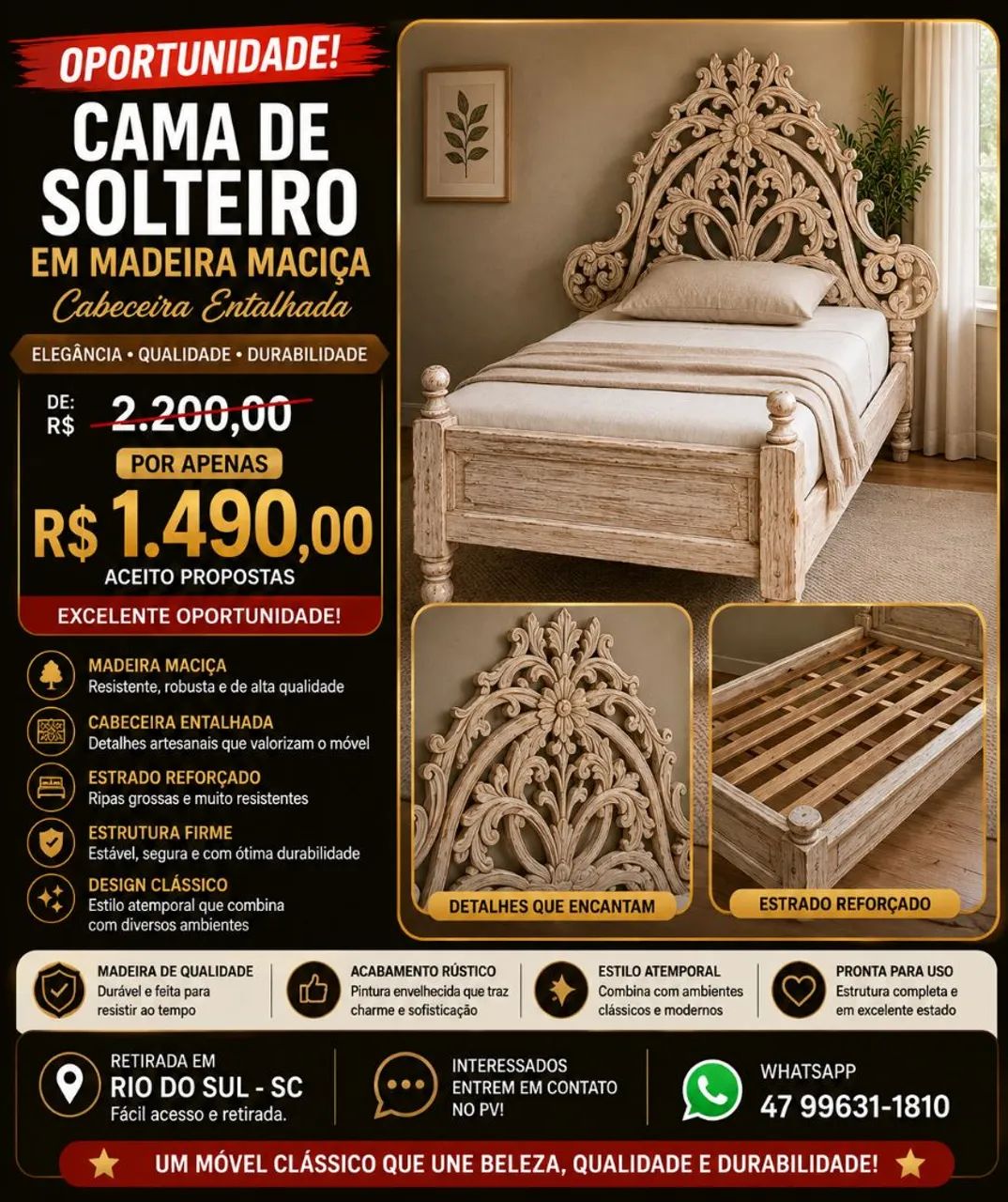 Cama de solteiro em madeira maciça 