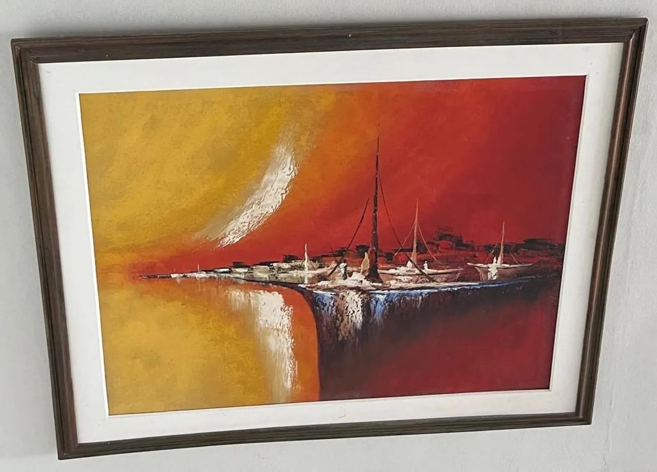 Lindo Quadro a Óleo Grande Original de Rossi - Arte abstrata tela sobre oleo com barcos