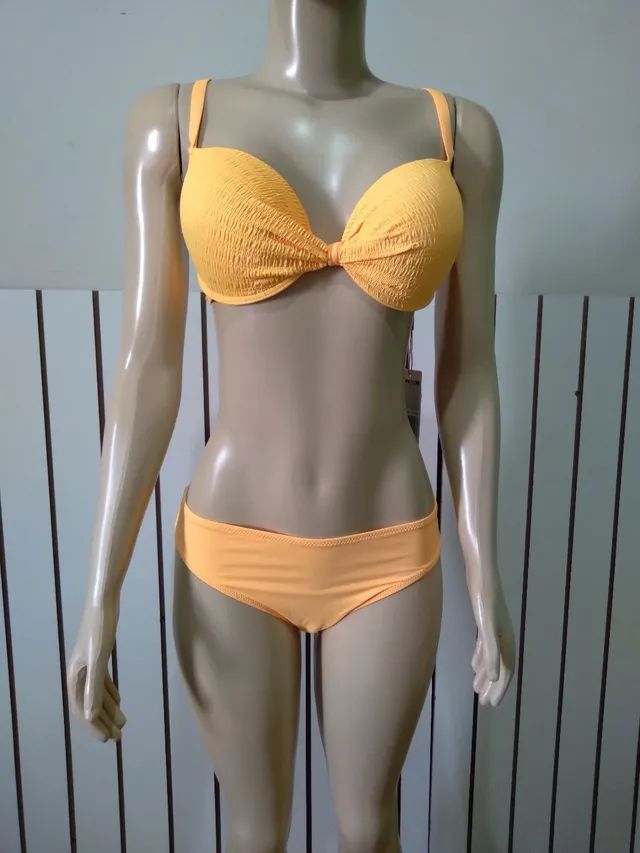 Conjunto moda praia biquíni e sutiã meia taça com bojo tecido com textura  - Foto 2