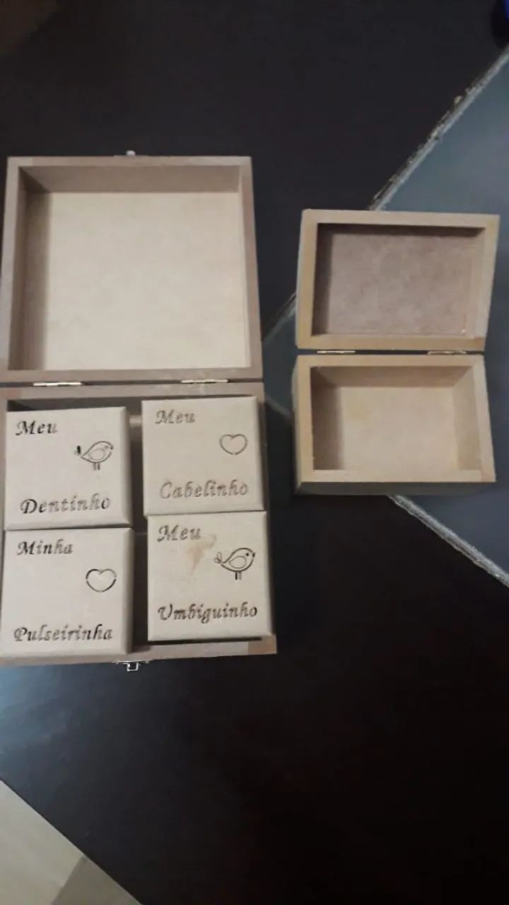 Kit em MDF caixa recordações bebê quadrada e bauzinho novos - Foto 3