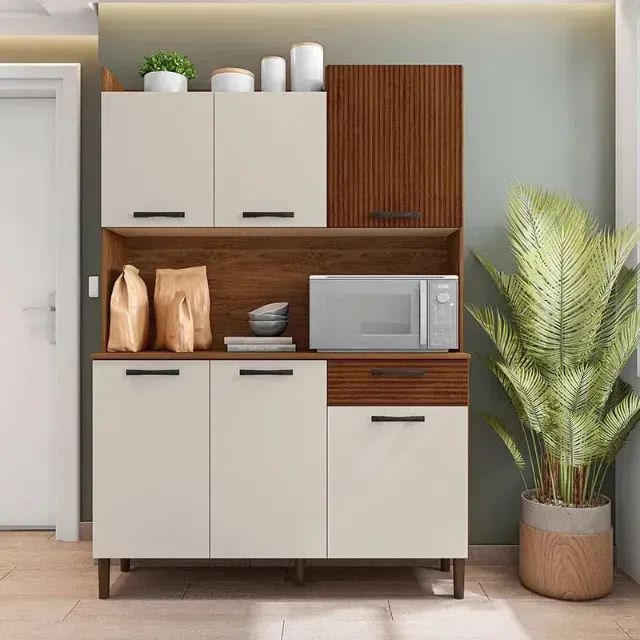 Armário de Cozinha Gênova Nogueira / Off White / Ripado (PARCELA EM ATÉ 10X SEM JUROS)