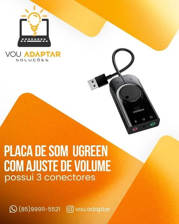 Placa de som Áudio USB Ugreen Controles 3 conexões para computador e notebook