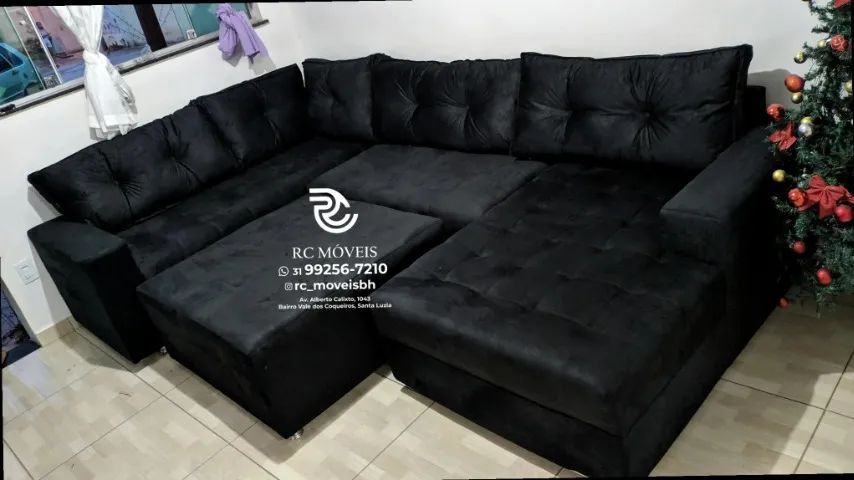 Sofá de canto Grande 3,10m com Chaise e Puff tecido veludo D33 Premium - Foto 5