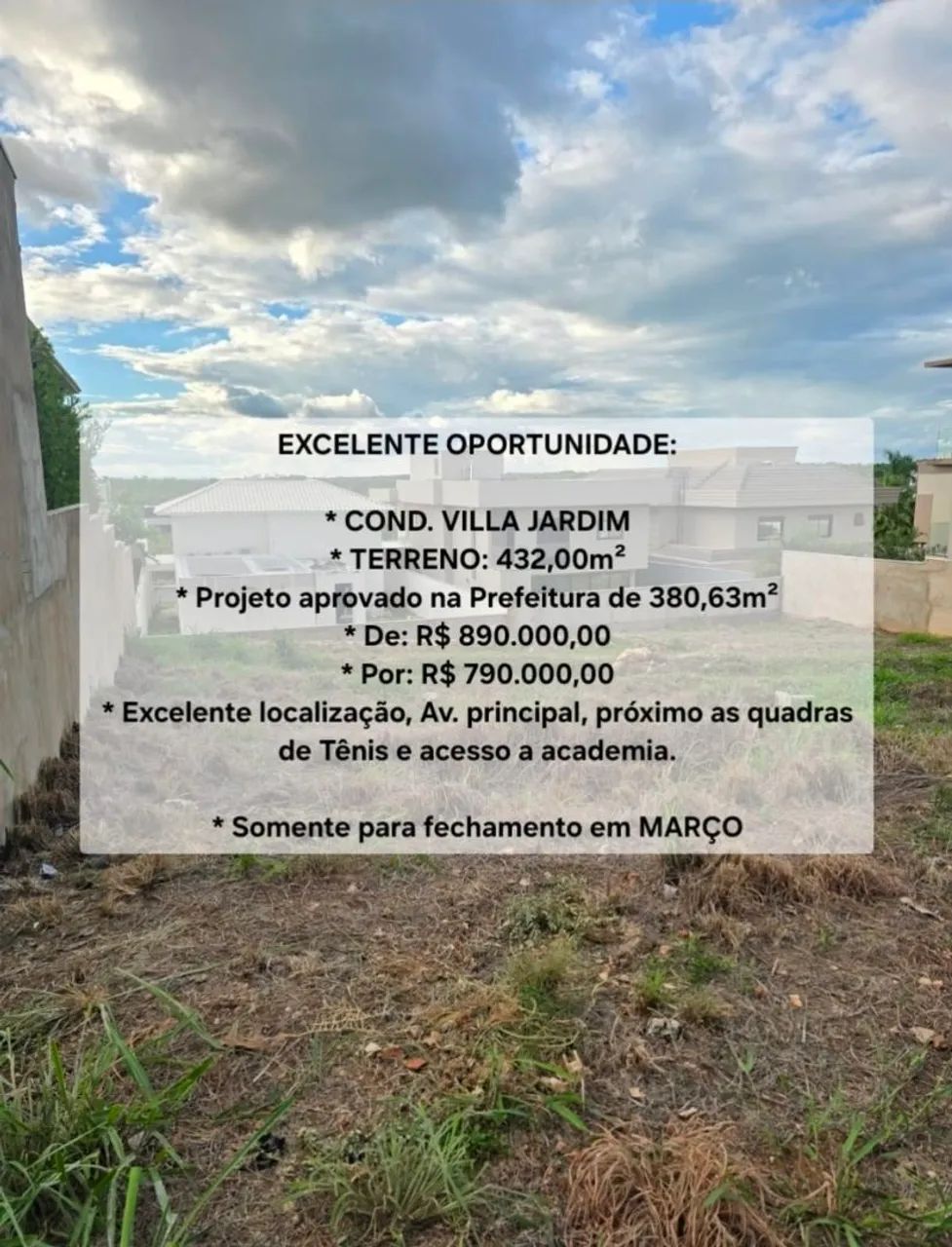 Lote condomínio villa jardim 432mts já com projeto 