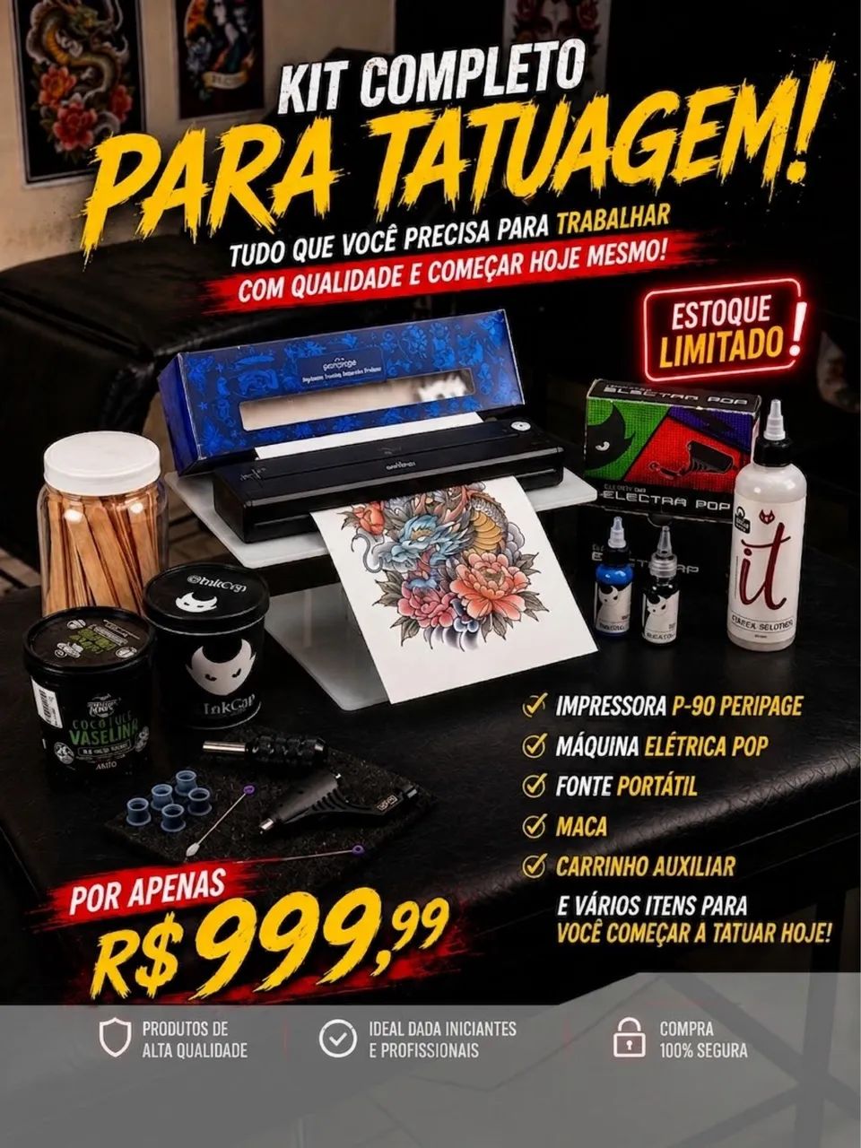 KIT PARA TATUAGEM + IMPRESSORA TÉRMICA