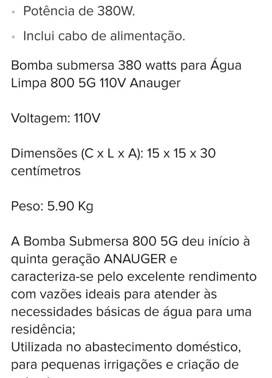 Bomba submersa Anauger - 380 watts para Água Limpa 800 5G 110V Anauger<br><br>Voltagem: 110V - Foto 5
