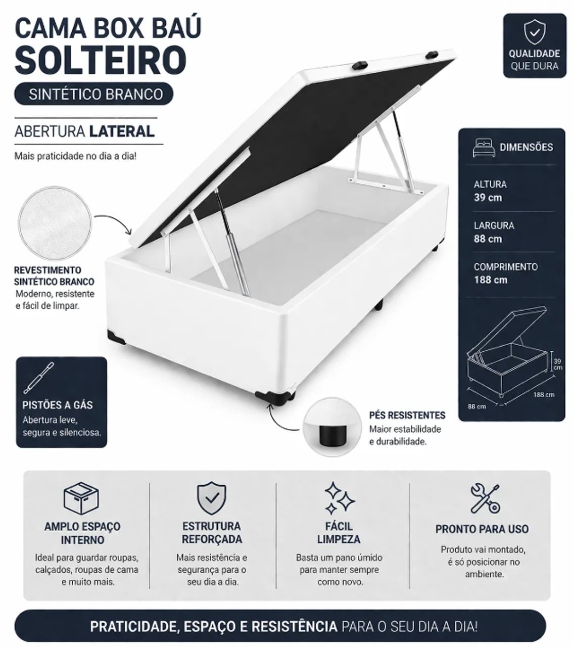 Cama Box Báu Solteiro Sintético Branca  - Foto 2