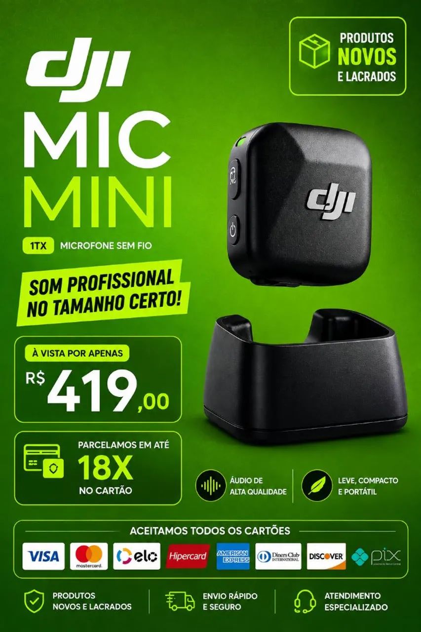 Microfone sem fio  DJI som Profissional - 1TX - Em até 18X 