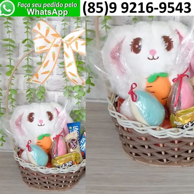 Kit Presente Cesta de Páscoa Pelúcia + 2 Mini Ovos de Chocolate + Bombons Lacta