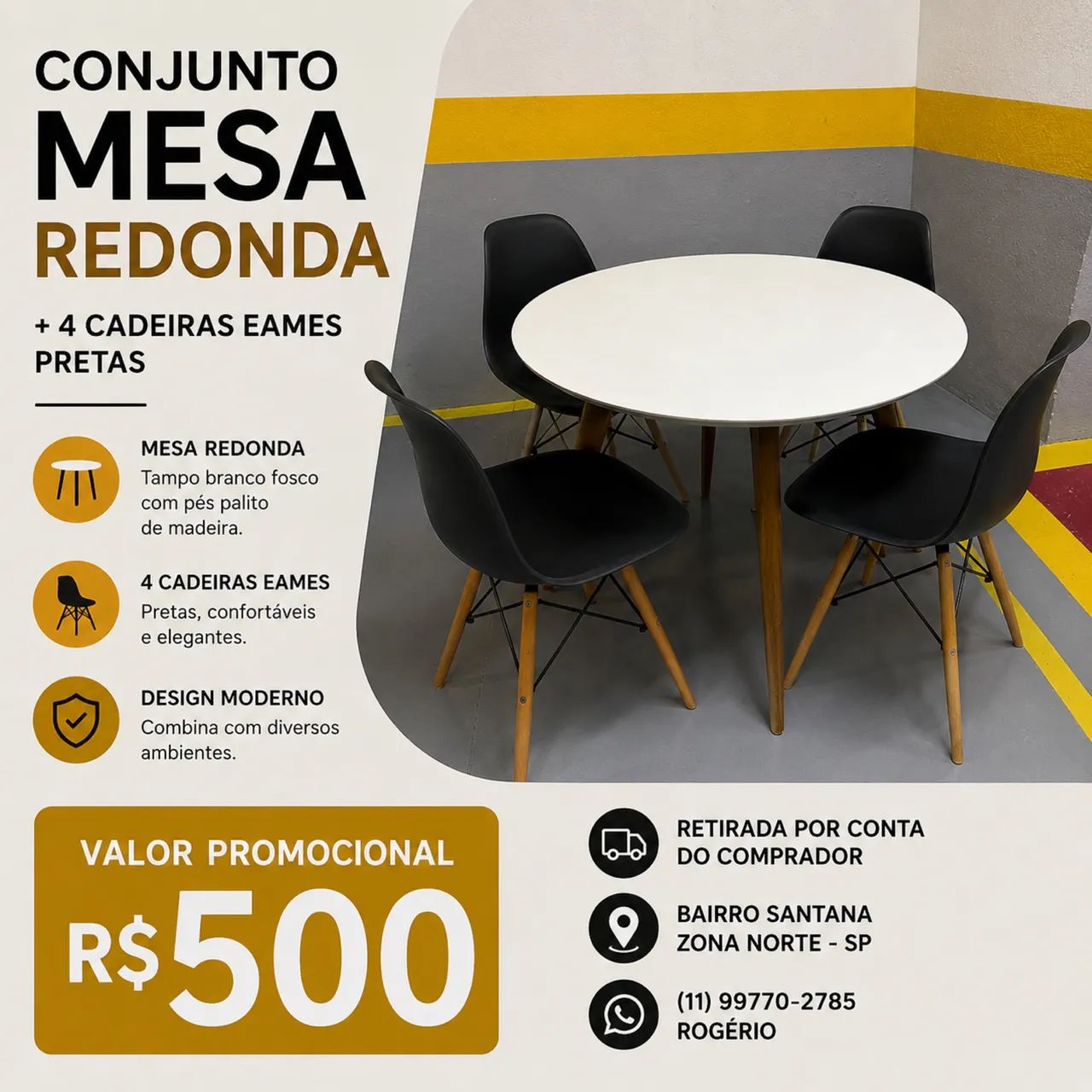 Conjunto Mesa Redonda Estilo Retrô + 4 Cadeiras Eames Pretas  (Design Moderno)