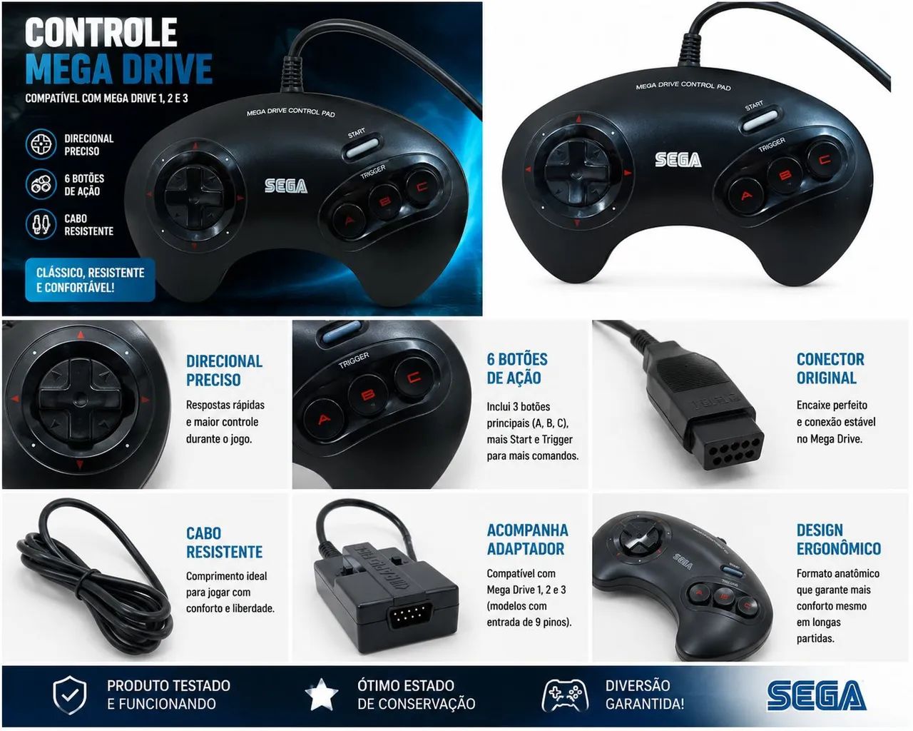 Kit 2 controles e 1 rapid fire Sega mega drive - Foto 5