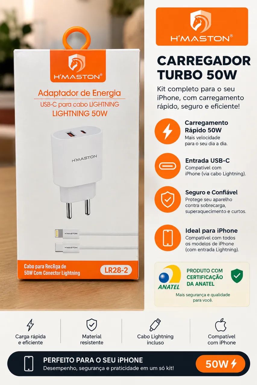Carregador Turbo H?MASTON 50W + Cabo Lightning ? iPhone