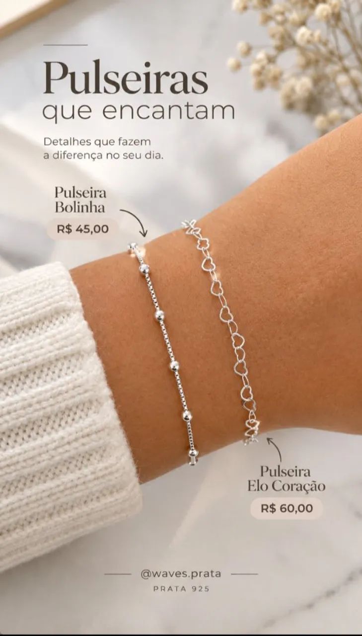 Pulseiras Bolinha e Elo Coração Prata 925