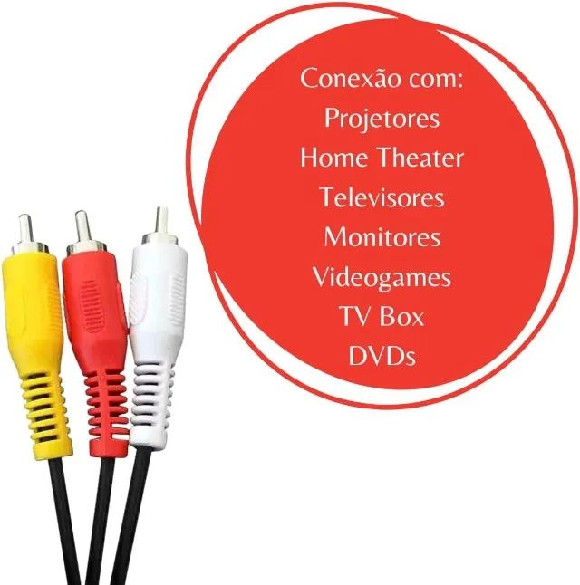 Cabo coaxial de áudio e vídeo RCA 3x3 Macho Para Tv, Vídeo Cassete, DVD, Home Theather