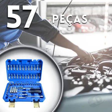 Jogo de Soquete Kit 57 Peças 1/4 Catraca Ferramentas e Maleta Reversível Aço CRV