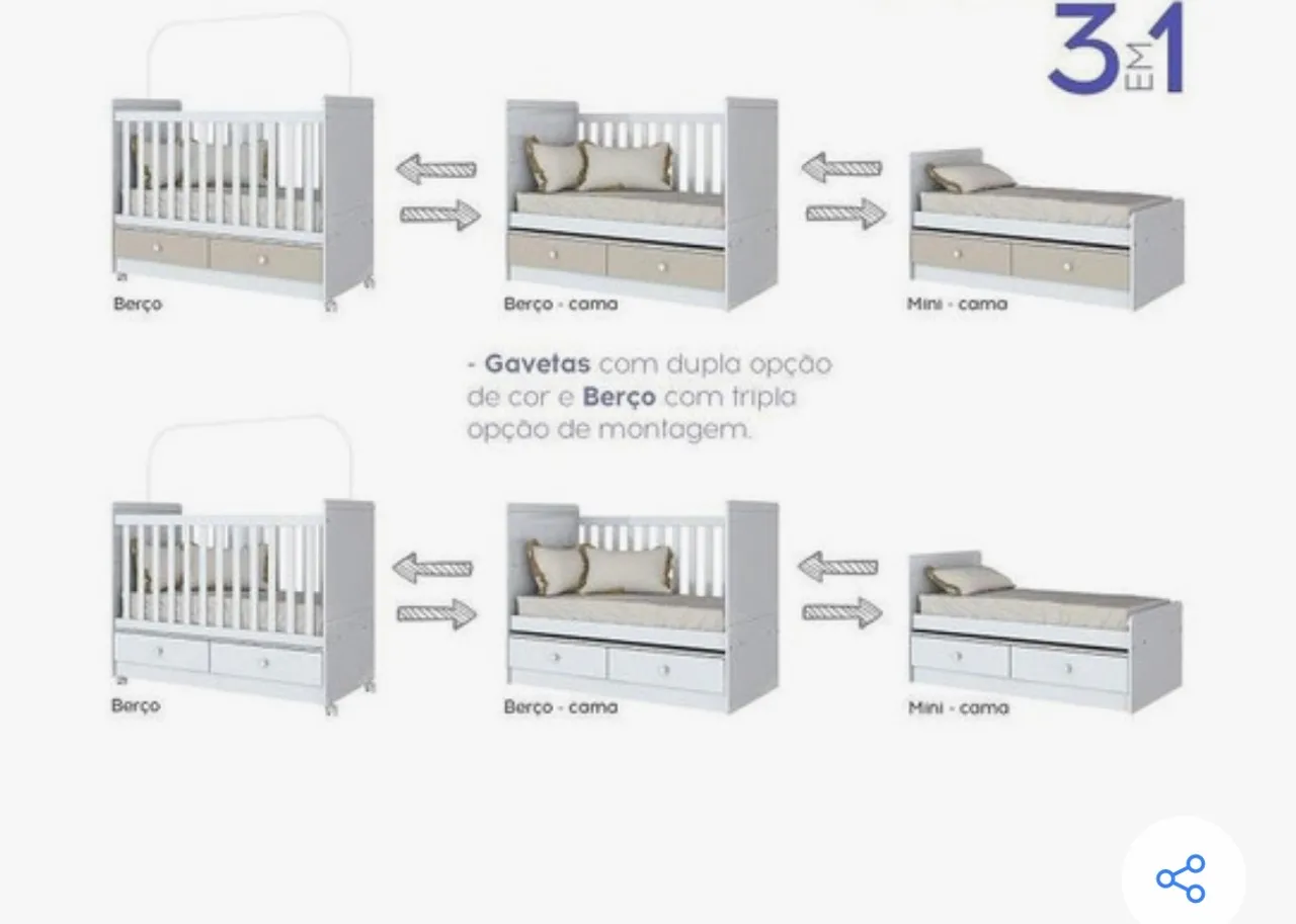 Berço cama, com colchão e kit berço unissex