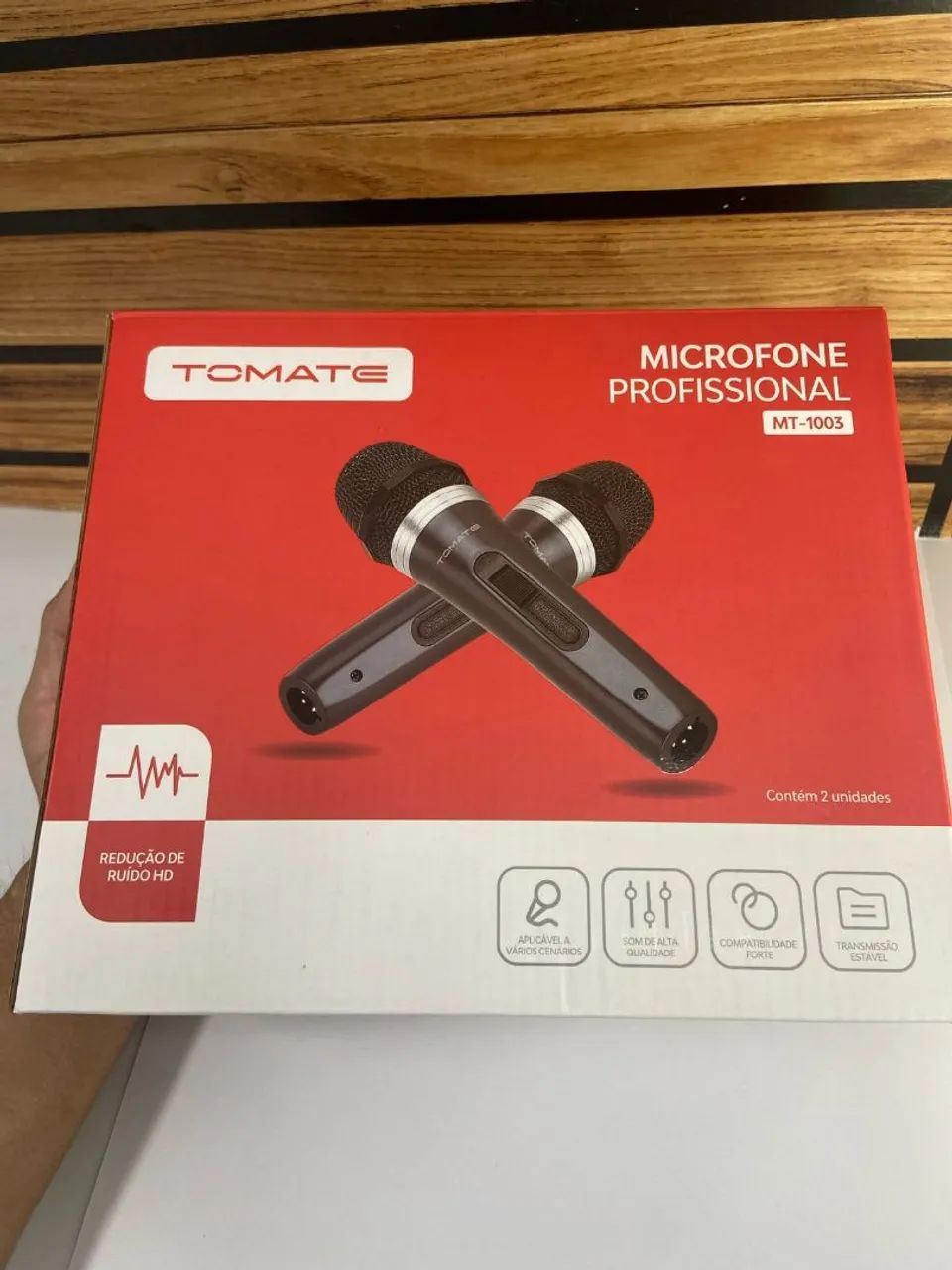 *Microfone Profissional Duplo com Fio Metal Mt-1003 - Tomate* - Foto 4