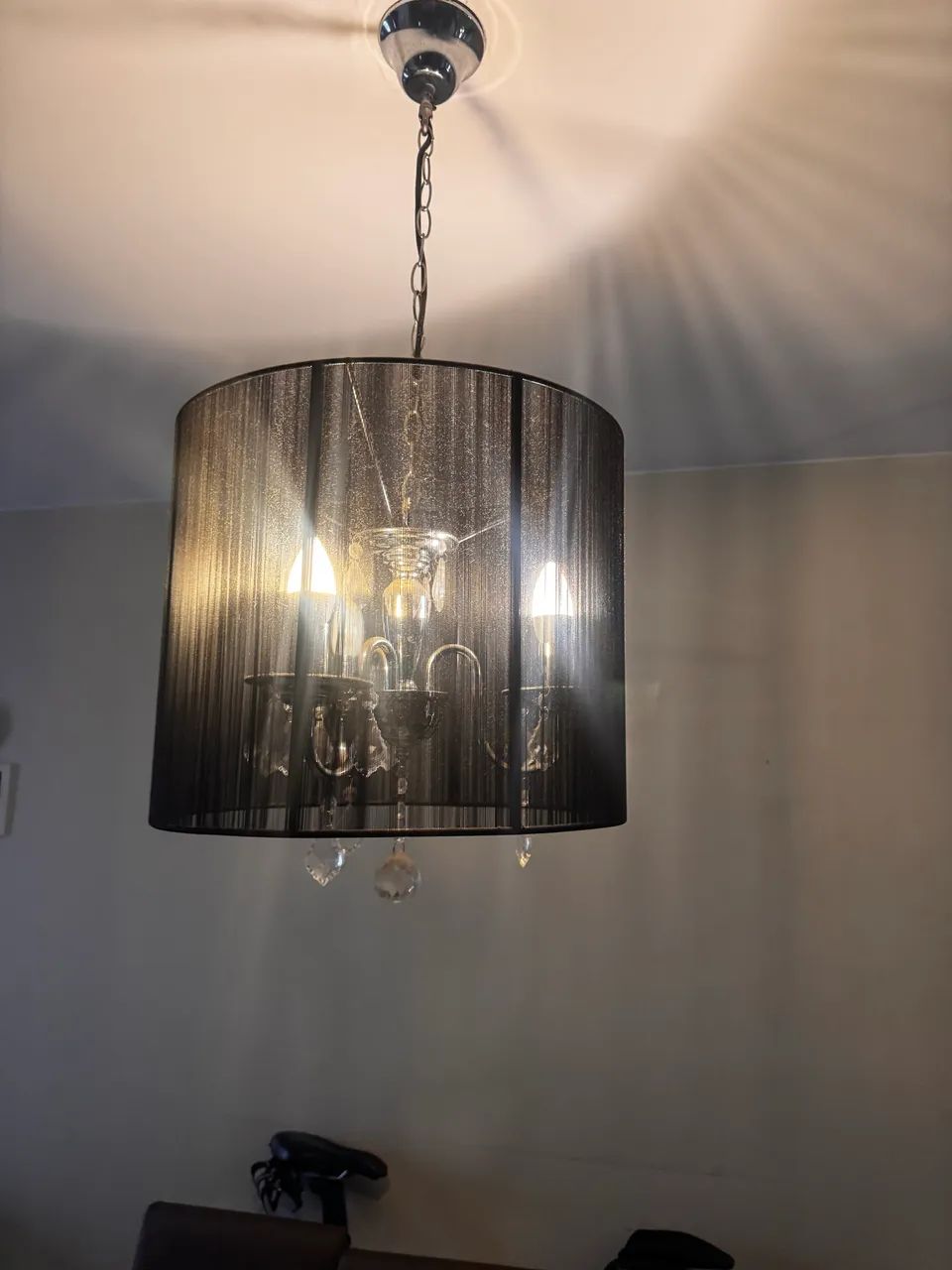 Lustre cristais com cromado, cúpula em fios de seda, preto! 