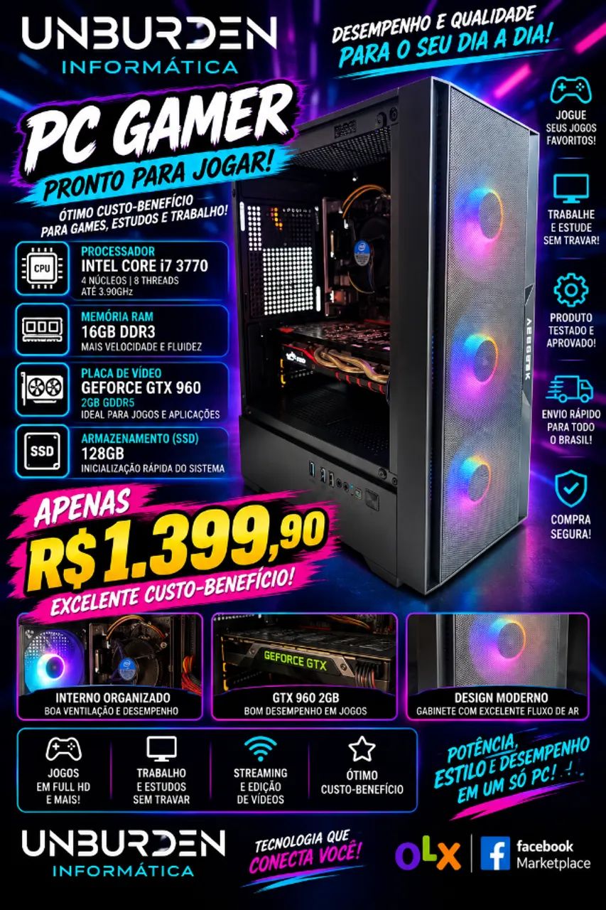 PC Gamer TOP Entrada i7 3770 16gb GTX 960 SSD HDD - Computadores e