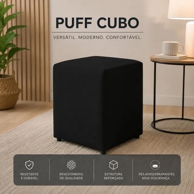 Puff Quadrado Suede Preto
