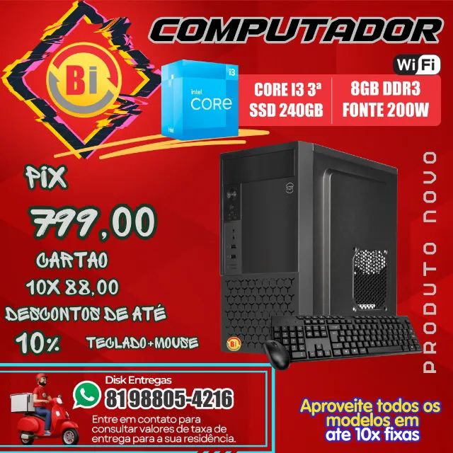 Computador I3, 8GB, SSD 240GB, Wifi, Teclado e Mouse - Em ate 10x Fixas 