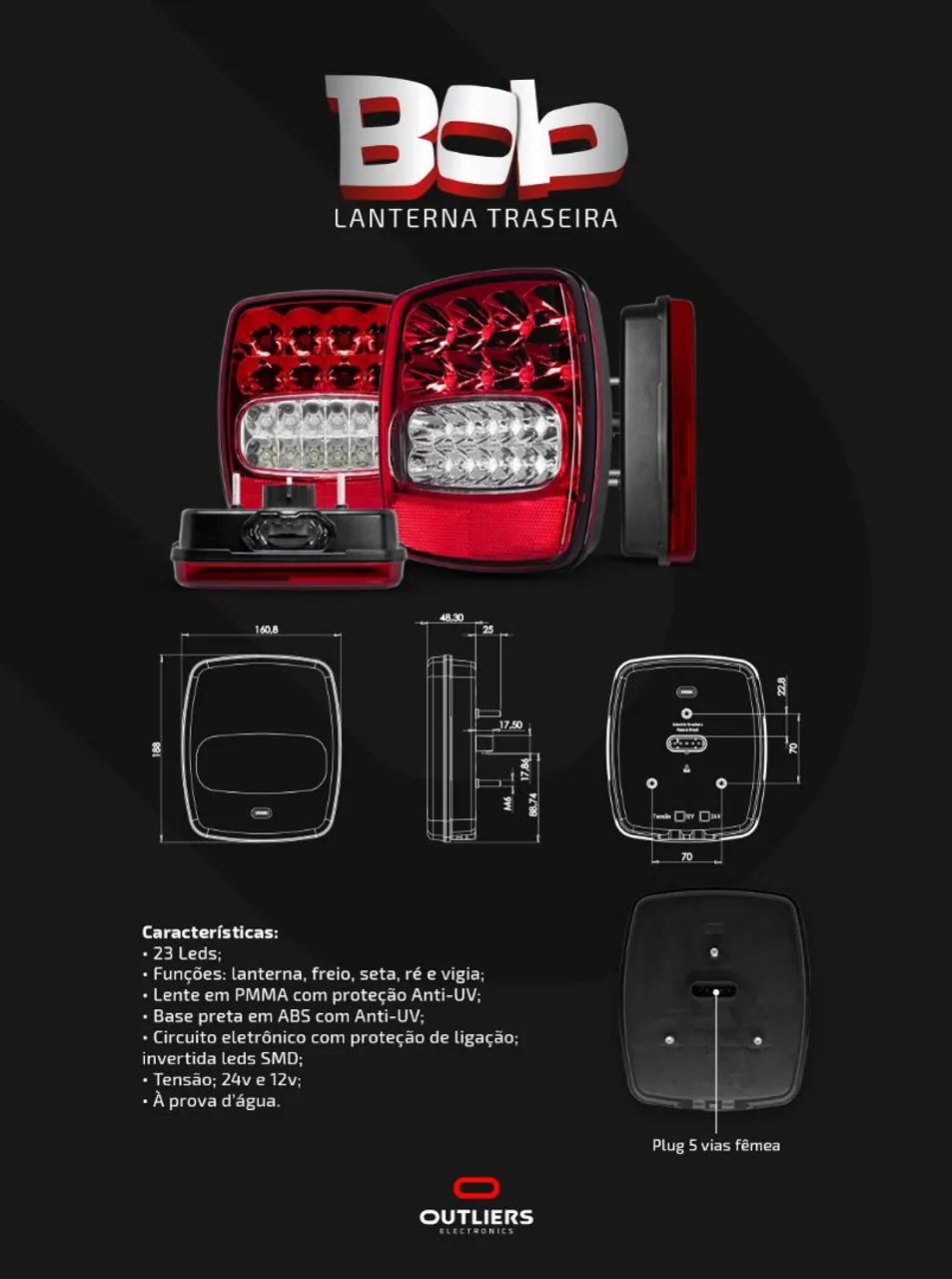 Lanterna de LED Bob Marmitão  c/ Luz de placa 24V e 12V - Caminhão (01 unidade) Outliers
