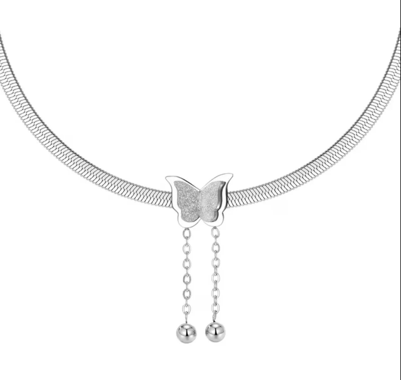 Conjunto colar e pulseira de borboleta em aço inoxidável 