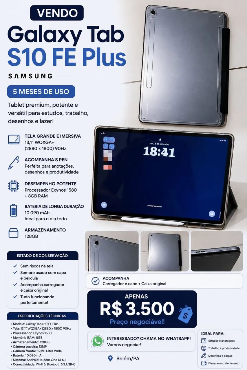 Samsung Galaxy Tab S10 FE+ 128GB - Apenas 5 meses de uso