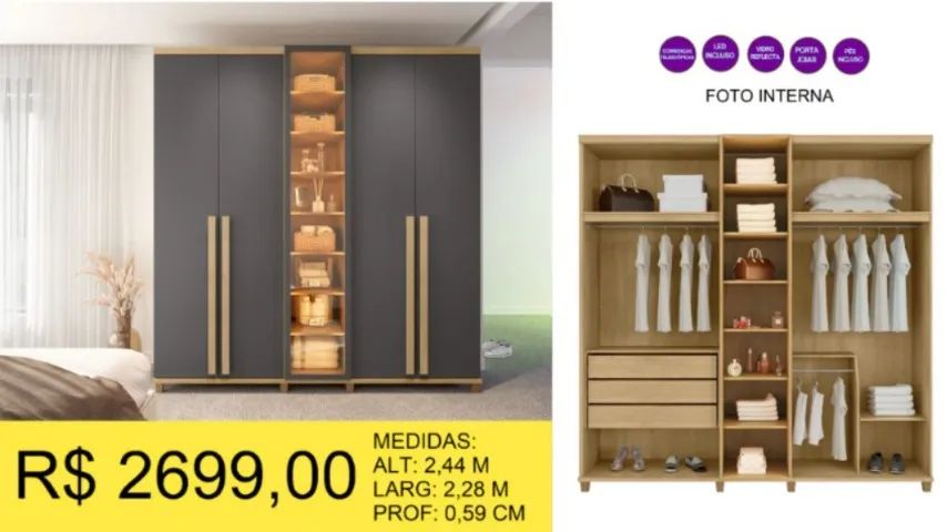 ROUPEIRO 100% MDF COM LED  A PRONTA-ENTREGA 