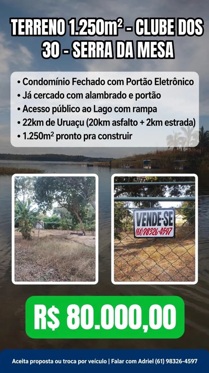 TERRENO 1.250m² NO CLUBE DOS 30 - SERRA DA MESA - R$ 80.000