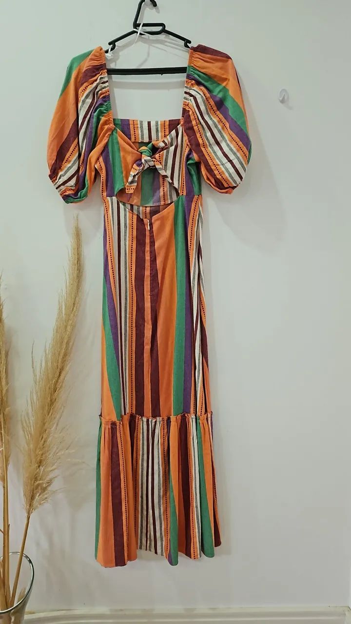Vestido longo fundo laranja viscose com linho Tamanho P - Foto 2