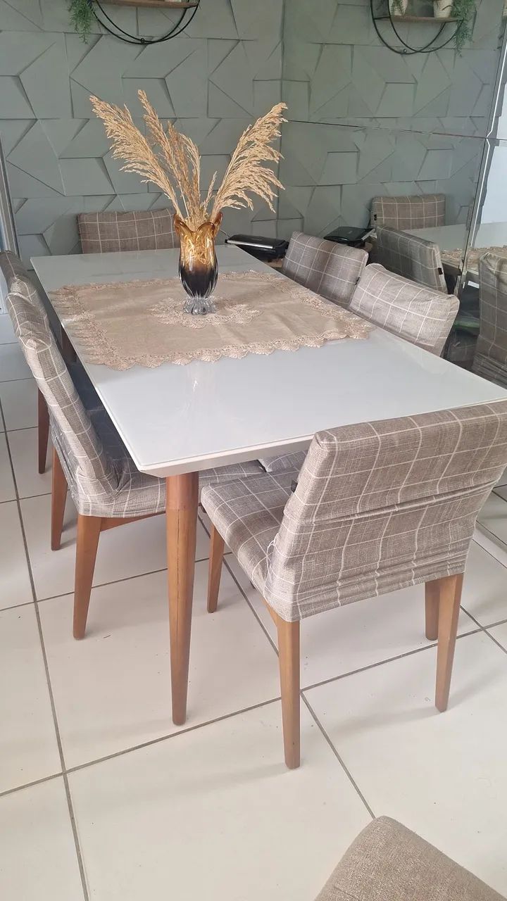 mesa madeira e vidro laka  6 cadeiras