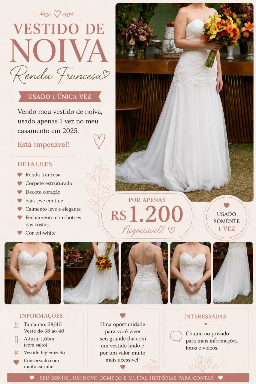 Vestido de noiva renda francesa usado 1 x