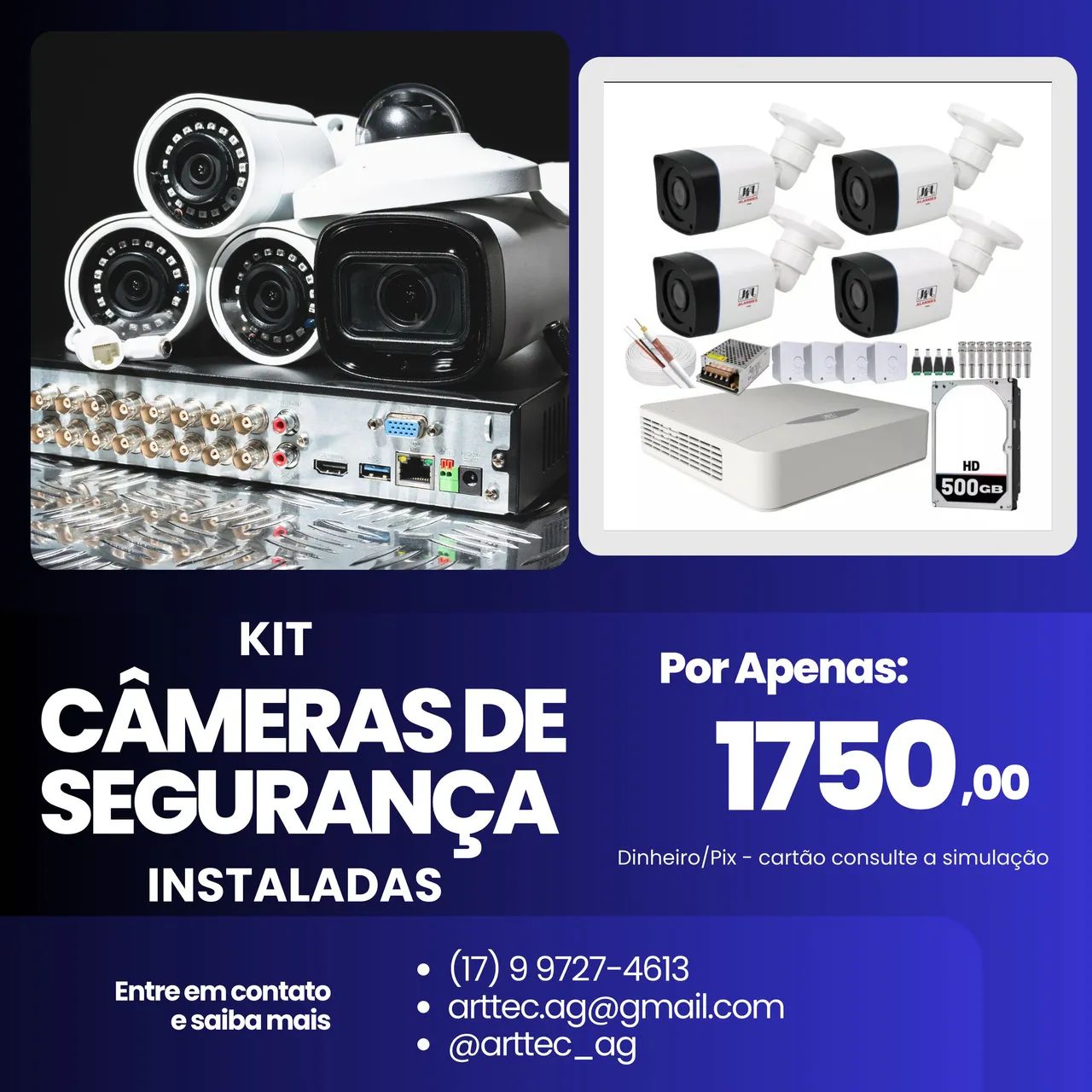 KIT CFTV 04CH C/04 CÂMERAS 1080P JFL ALARMES - HD 500GB (INSTALADO)