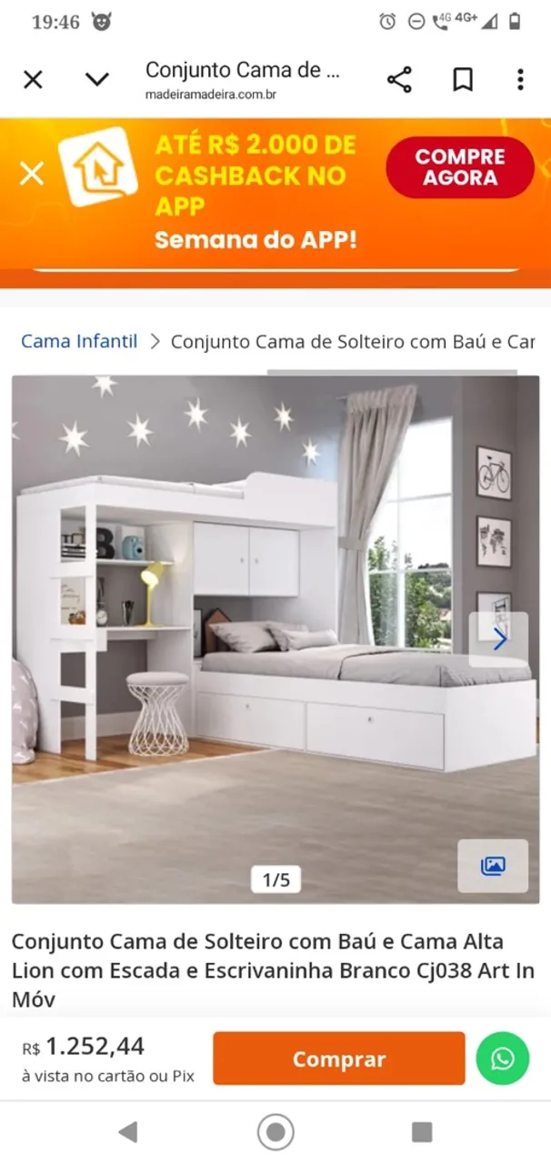 Conjunto Cama de Solteiro com Baú e Cama Alta