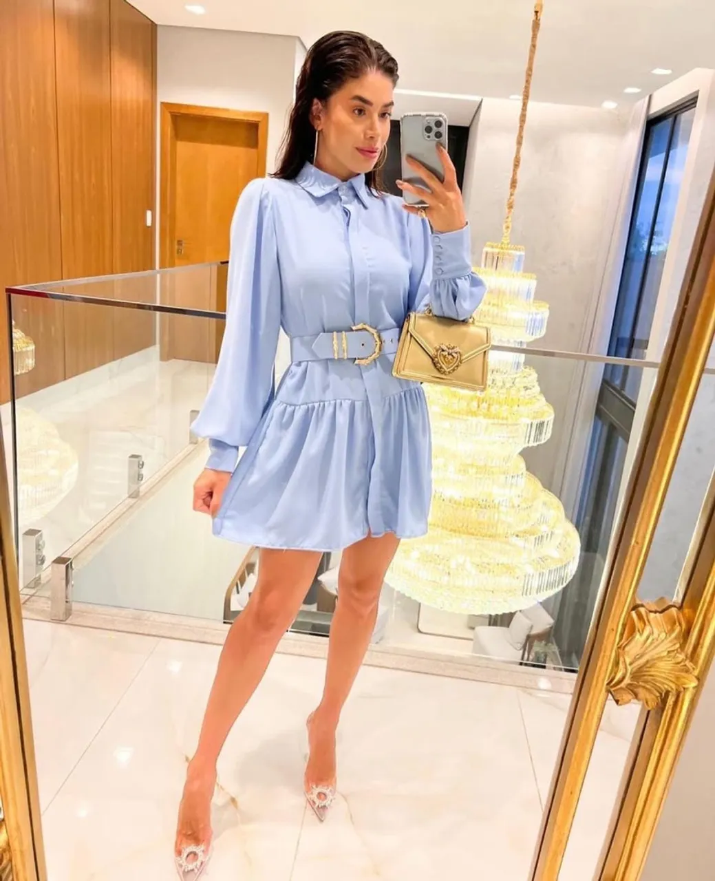 Vestido Azul Manga Longa com Cinto
