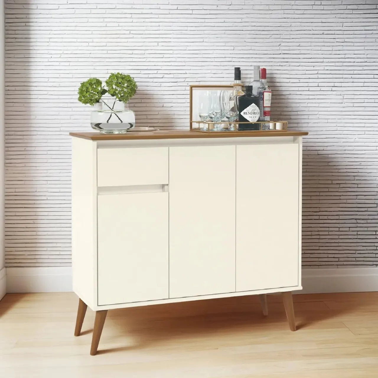 Buffet 3 Portas 1 Gaveta Pés em Madeira Maciça Off White / Freijó Veneza Ej<br>