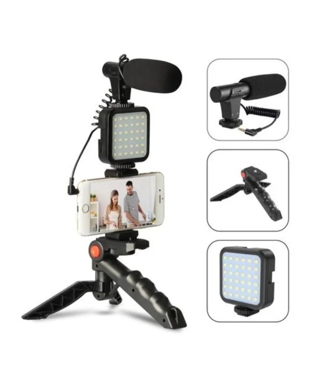 Kit De Fotografia Luz De Vídeo + Microfone + Tripé Dobrável + Suporte Celular Com Controle