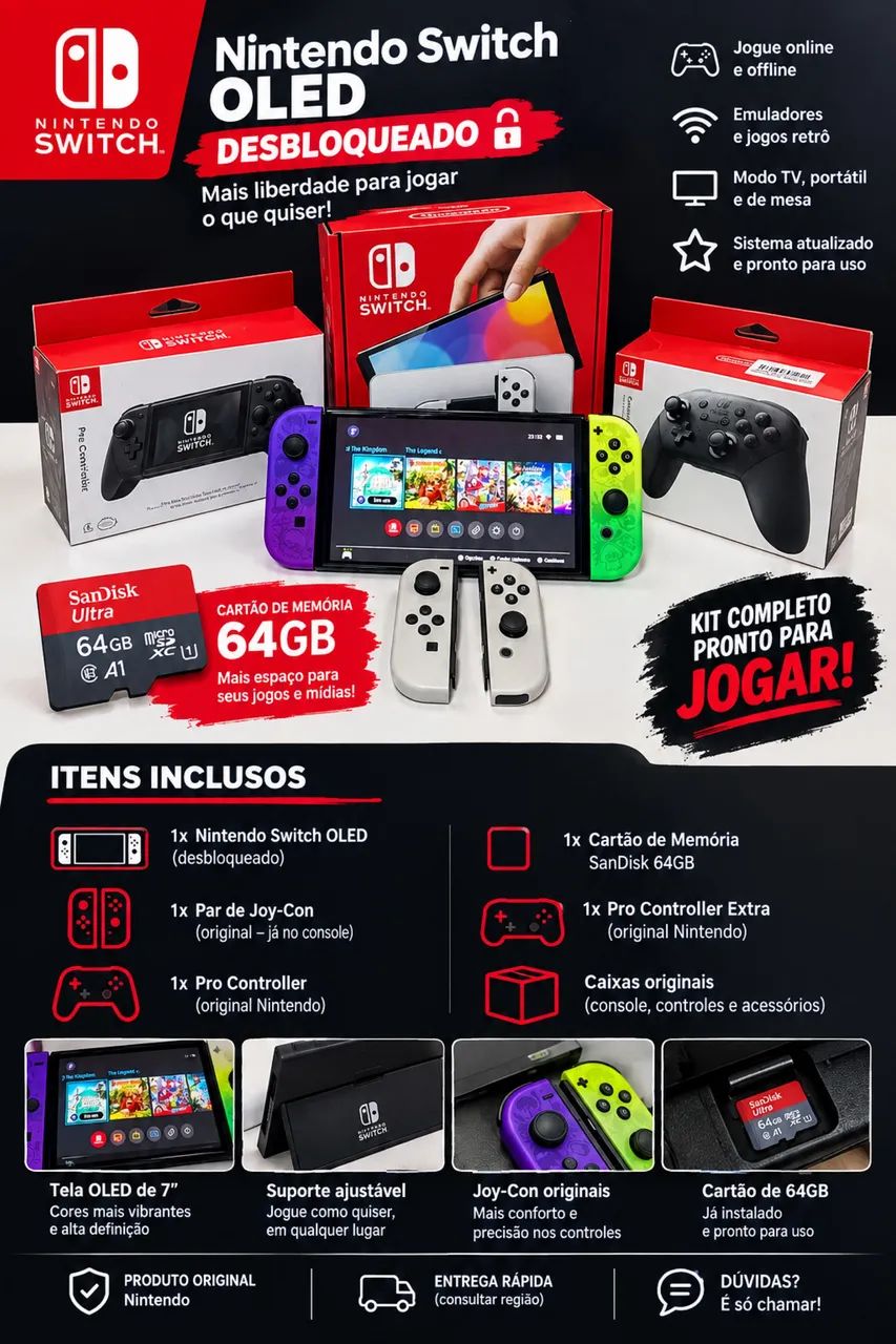 Nintendo Switch OLED Desbloqueado + Kit Completo