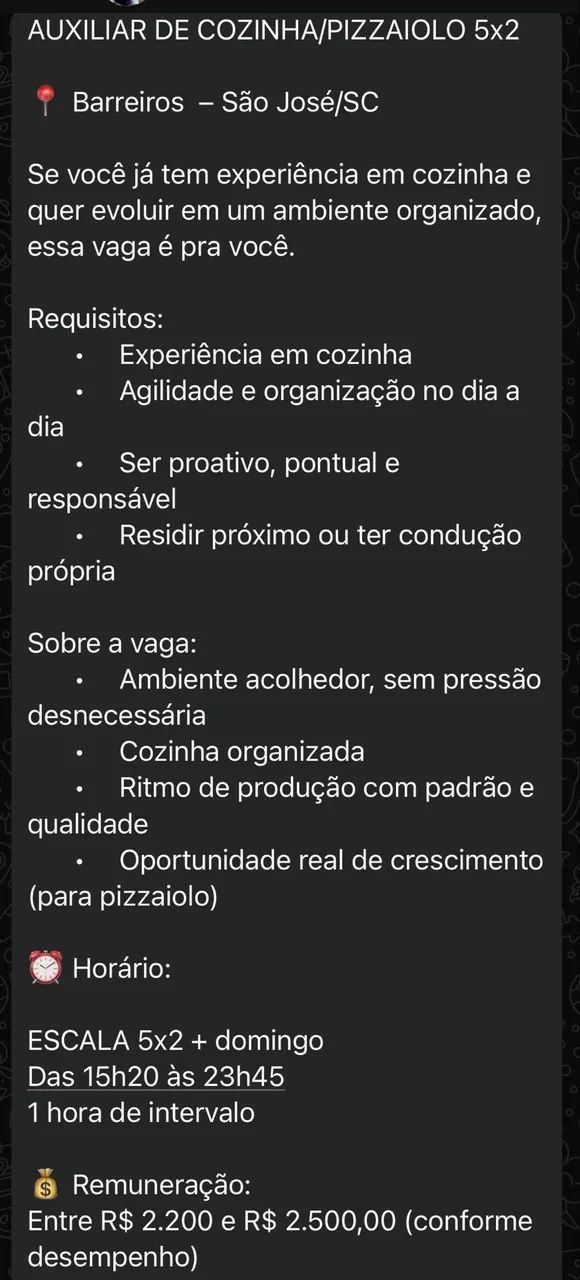 Vaga para auxiliar de pizzaiolo 