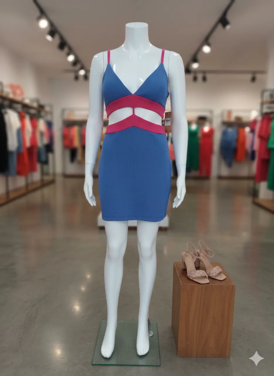 Vestido Azul royal com detalhes rosa 
