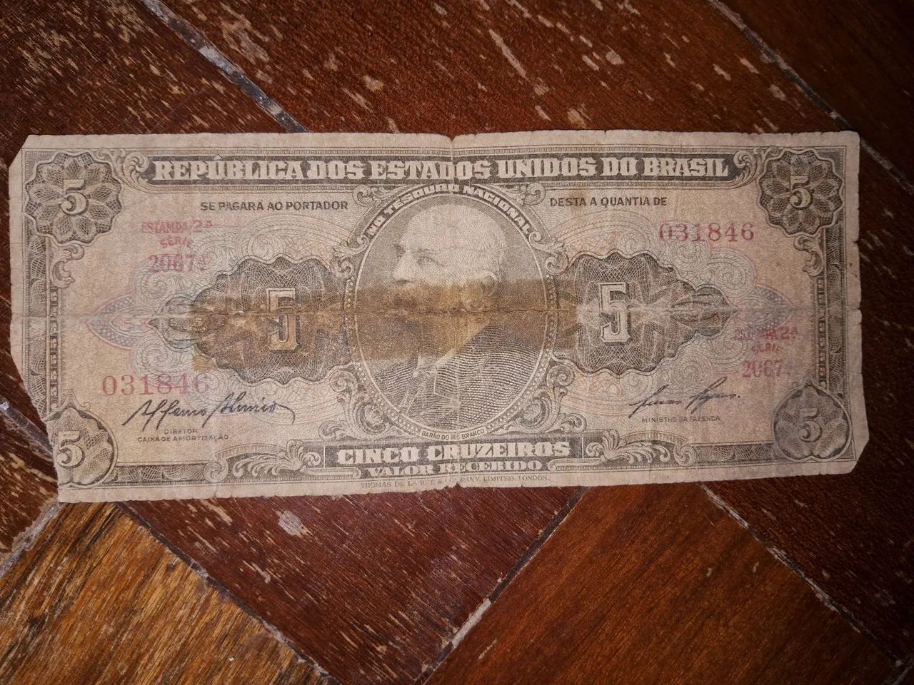 Cédula Usada de 5 Cruzeiros Barão do Rio Branco