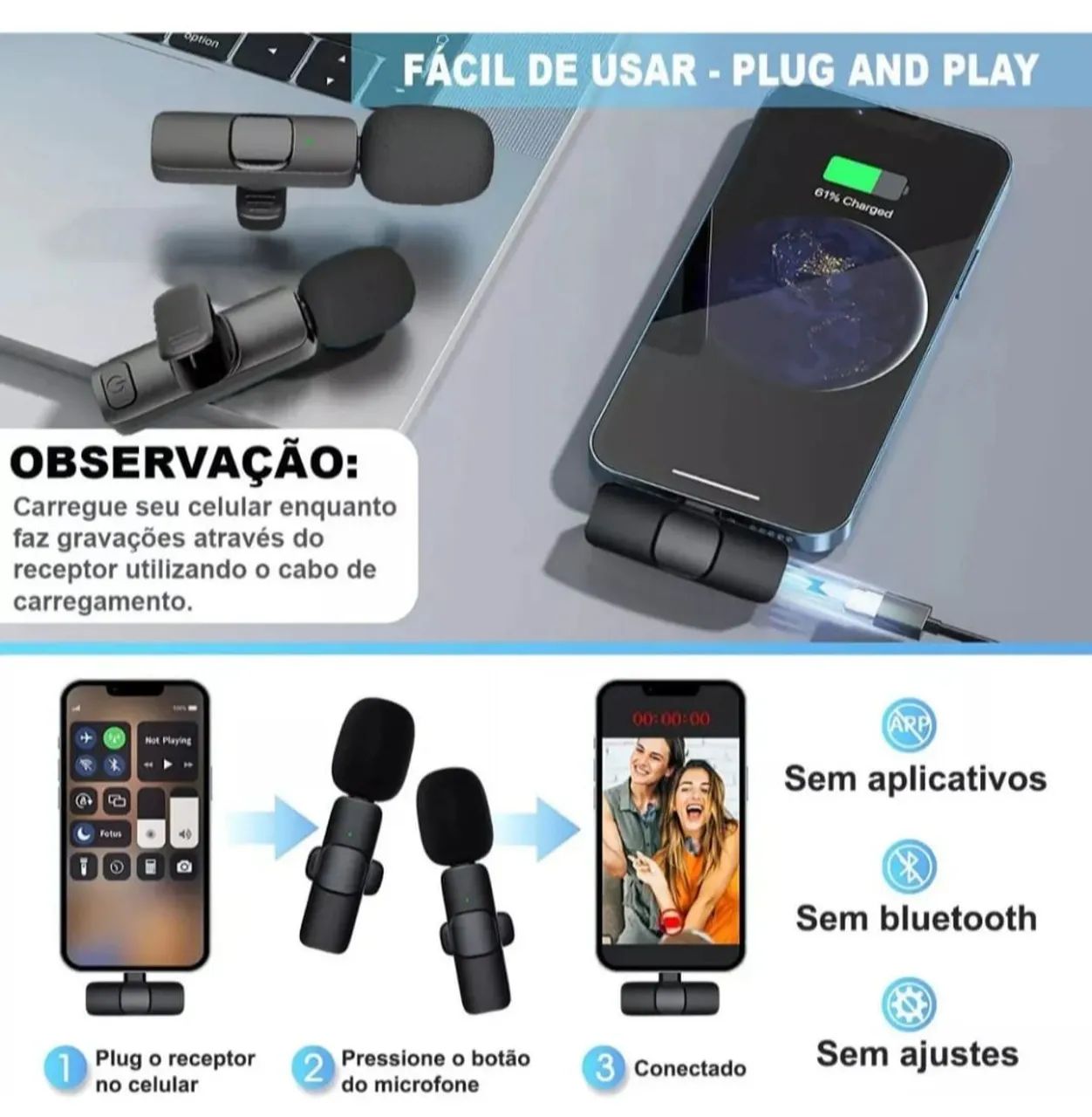 Microfone Sem Fio Duplo Lapela Profissional Android iPhone Cor Tipo-c (android) - Foto 5