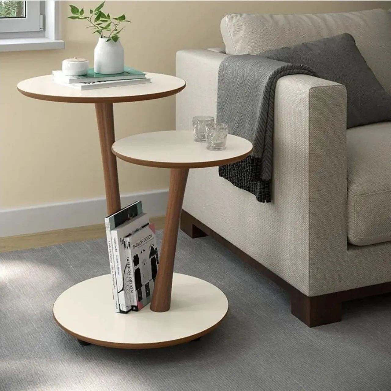Mesa Apoio e Lateral Vitória - Off White com Freijó