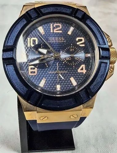Relógio Guess Rigor W0247G3 Azul e Ouro Rosé 45mm Silicone